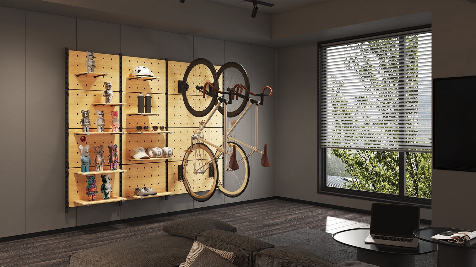 Designed for compact urban spaces, this pegboard rack optimizes wall storage by securely holding bicycles, accessories, and collectibles. Its modular design maximizes vertical space, keeping the area organized, clutter-free, and visually appealing.