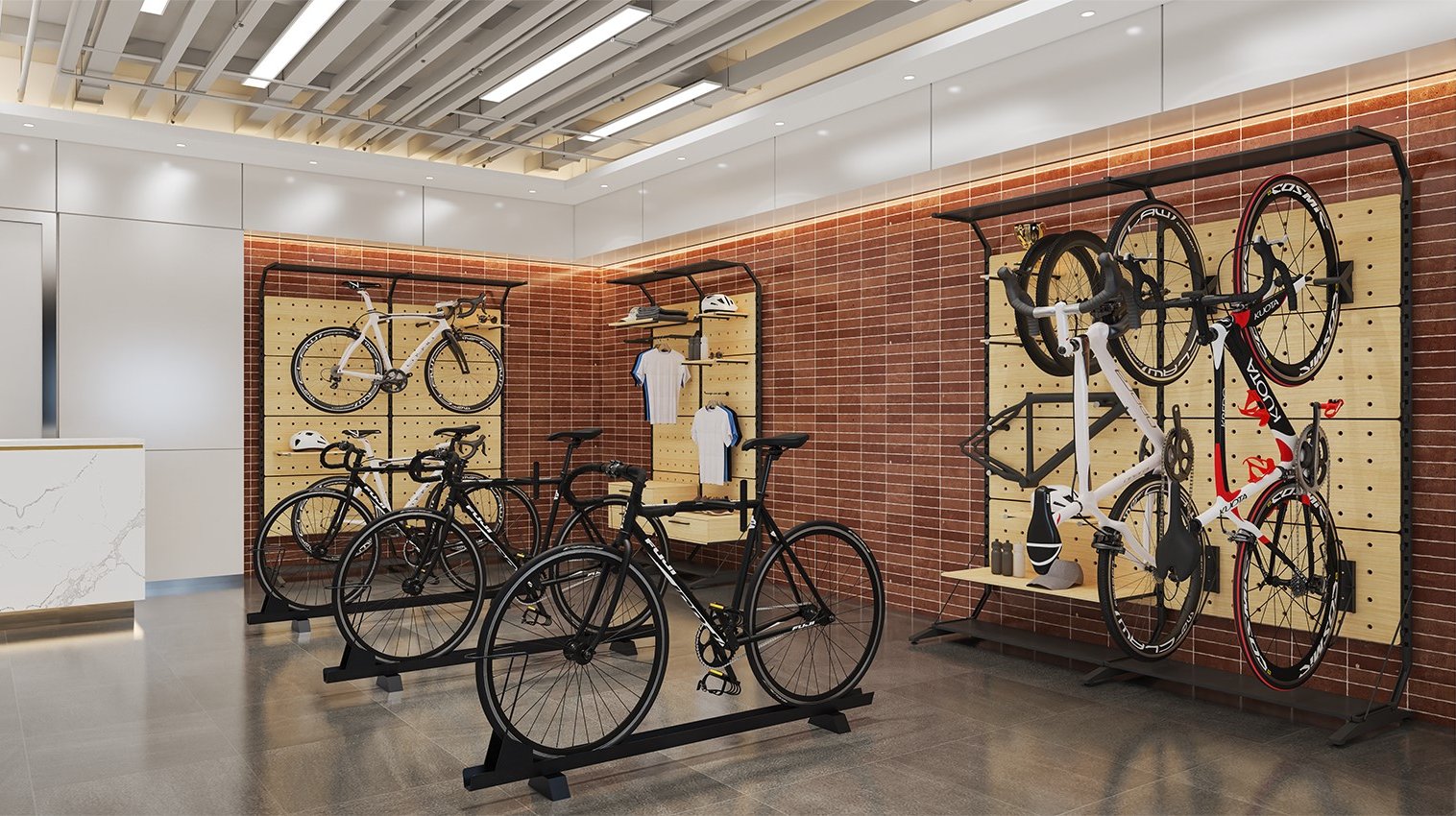 The pegboard bike rack hold various bicycle sizes, showcasing adjustable hooks and a modular design for flexible storage. Its reconfigurable layout easily adapts to different frame styles and inventory changes.